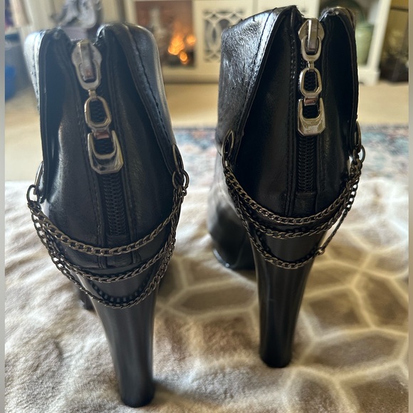 Italina Black Faux Leather w/ Chains High Heel Booties / Fold Over Ankle Boots. - Picture 6 of 12